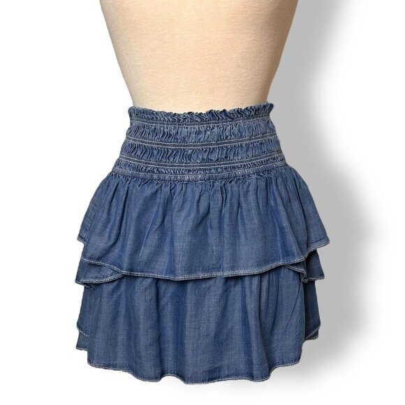 NWT Kendall Lane Smocked Tiered Jeans Denim Chambray Mini Skirt Sz XS - Picture 1 of 8